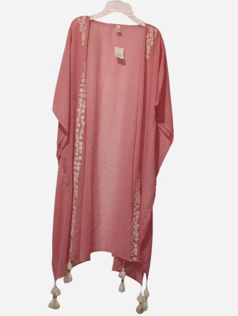 Cato Dusty Pink Floral Embroidered Open-Front Kimono Cover-Up with Tassels NWT